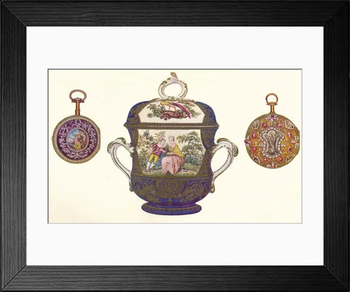 Framed Print : Louis XVI. Gold Repeater, (c. 1770), Old Chelsea Porcelain Porringer and Cover, (c. 1710), 1903 Framed Print : Louis XVI. Gold Repeater, (c. 1770), Old Chelsea Porcelain Porringer and Cover, (c. 1710), 1903