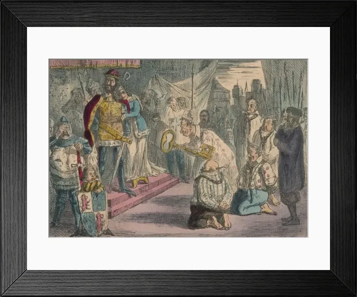Framed Print : Queen Philippa interceding with Edward III for the Six Burgesses of Calais, 1850. Artist: John Leech