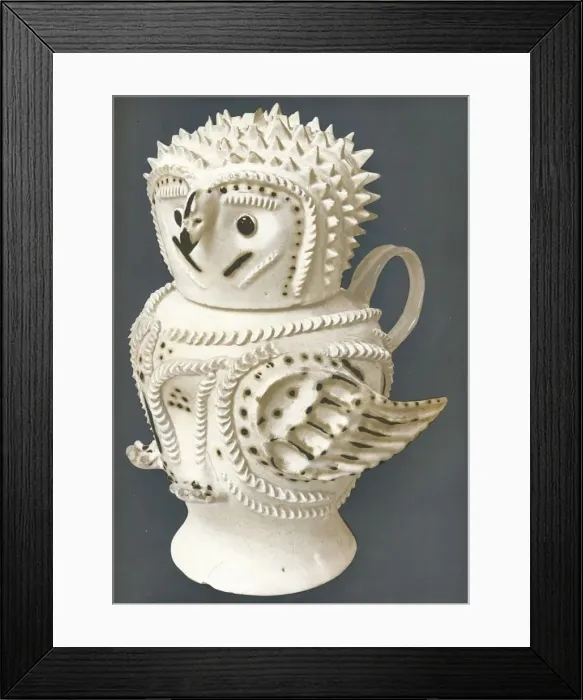 Framed Print : A Salt-Glaze Owl used as a jug, the head for a cup, c1730-c1755, (1913) Framed Print : A Salt-Glaze Owl used as a jug, the head for a cup, c1730-c1755, (1913)