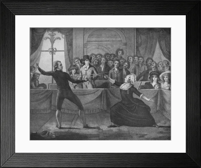 Framed Print : Fencing Match Between Mademoiselle La Chevaliere D Eon De Beaumont and Monsieur De Saint George, 17 Artist: Victor Marie Picot Framed Print : Fencing Match Between Mademoiselle La Chevaliere D Eon De Beaumont and Monsieur De Saint George, 17 Artist: Victor Marie Picot