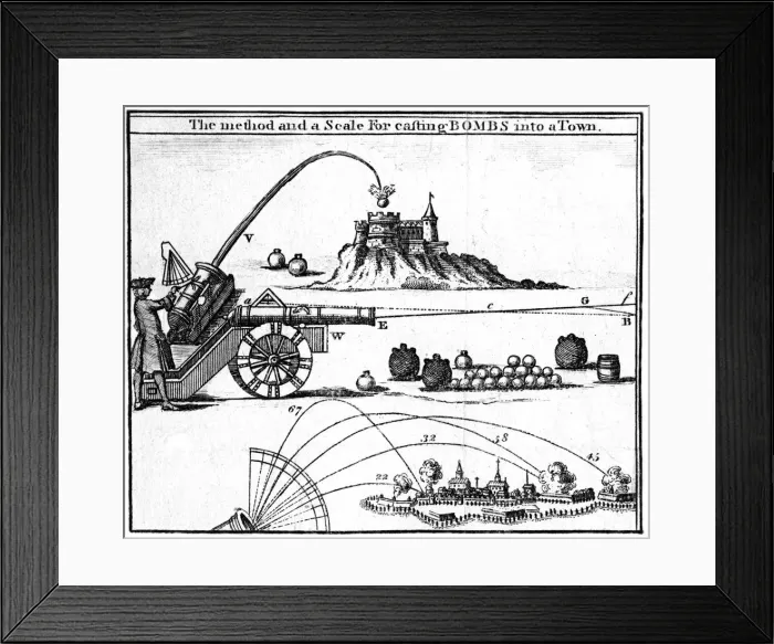 Framed Print : The method and a scale for casting bombs into a town, 1748 Framed Print : The method and a scale for casting bombs into a town, 1748