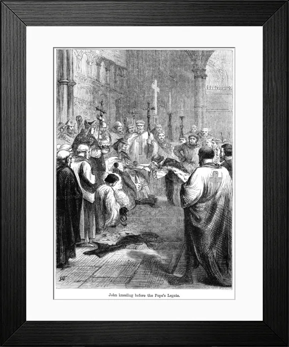 Framed Print : King John (1167-1216) kneeling before the Popes legate, 1213 Framed Print : King John (1167-1216) kneeling before the Popes legate, 1213