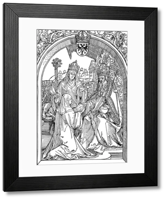 Framed Print : Hrotsvitha Presenting Her Book to the Emperor Otto I, 1501 (1906). Artist: Albrecht Durer Framed Print : Hrotsvitha Presenting Her Book to the Emperor Otto I, 1501 (1906). Artist: Albrecht Durer