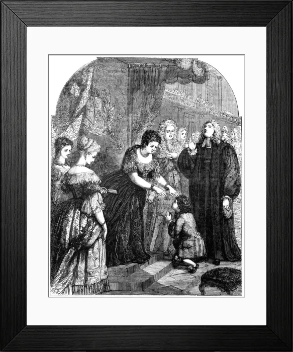 Framed Print : Queen Anne (1665-1714) touching young Samuel Johnson for the evil Framed Print : Queen Anne (1665-1714) touching young Samuel Johnson for the evil