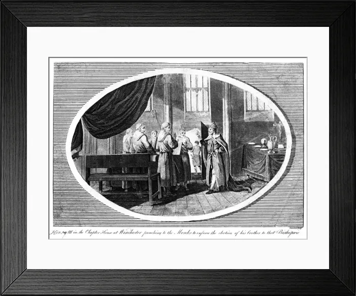 Framed Print : King Henry III (1207-1272) in the Chapter House at Winchester preaching to the monks, 19th century. Artist: Saunders Framed Print : King Henry III (1207-1272) in the Chapter House at Winchester preaching to the monks, 19th century. Artist: Saunders