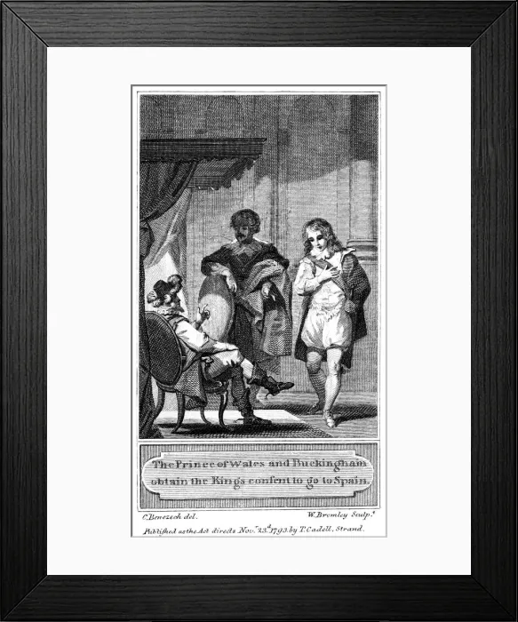 Framed Print : The Prince of Wales and Buckingham obtain the Kings consent to go to Spain, 1793. Artist: William Bromley Framed Print : The Prince of Wales and Buckingham obtain the Kings consent to go to Spain, 1793. Artist: William Bromley