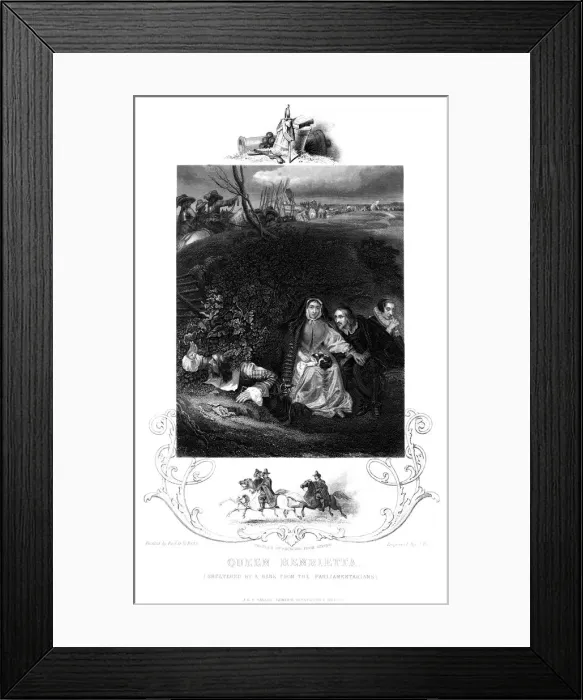 Framed Print : Queen Henrietta (1609-1669) sheltered by a bank from the parliamentarians, 19th century. Artist: J Rogers Framed Print : Queen Henrietta (1609-1669) sheltered by a bank from the parliamentarians, 19th century. Artist: J Rogers