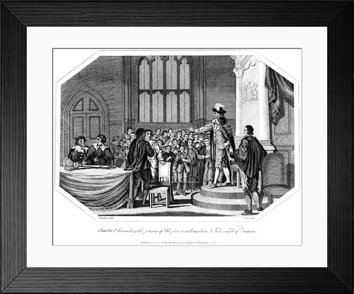 Framed Print : Charles I demanding that the five members he accused of treason be handed over to him, 1803. Artist: Deeves Framed Print : Charles I demanding that the five members he accused of treason be handed over to him, 1803. Artist: Deeves