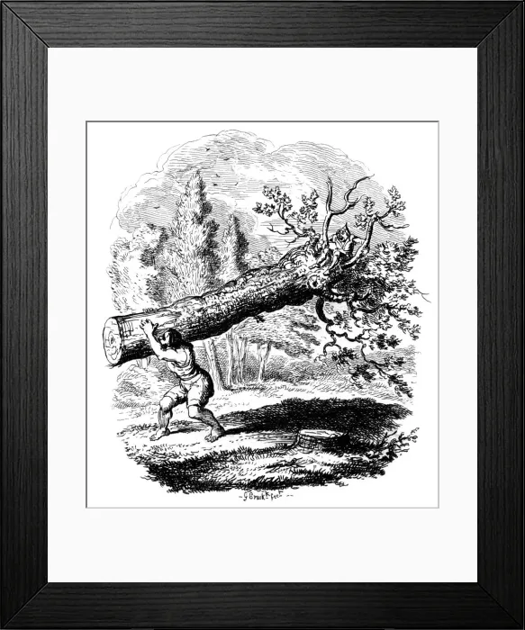 Framed Print : Man carrying a large tree trunk on his shoulder, 19th century. Artist: George Cruikshank Framed Print : Man carrying a large tree trunk on his shoulder, 19th century. Artist: George Cruikshank