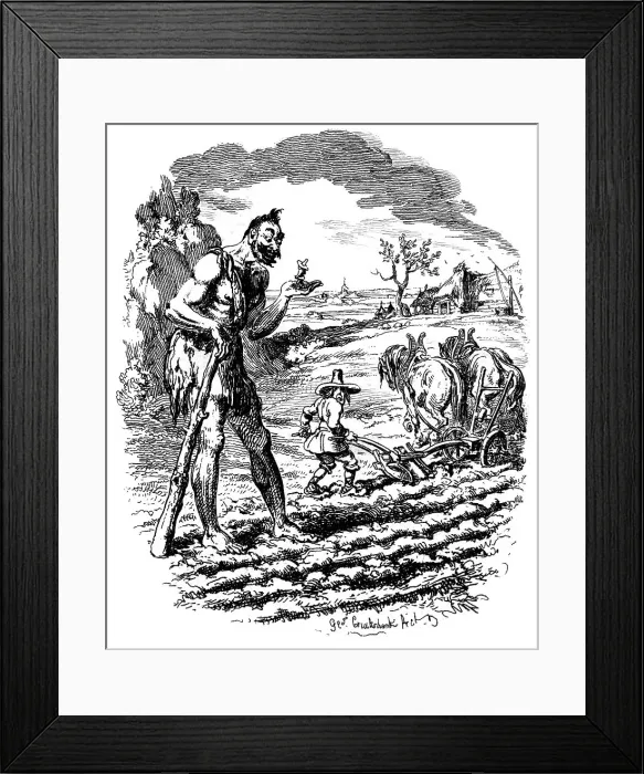 Framed Print : A giant stands in a field as a farmer ploughs, 19th century. Artist: George Cruikshank Framed Print : A giant stands in a field as a farmer ploughs, 19th century. Artist: George Cruikshank