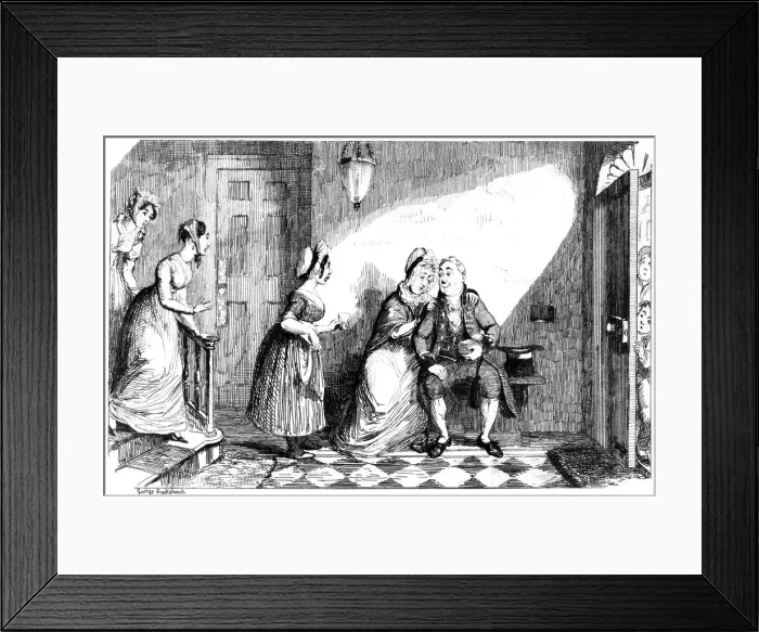 Framed Print : A number of women attend to a poorly man, 19th century. Artist: George Cruikshank Framed Print : A number of women attend to a poorly man, 19th century. Artist: George Cruikshank