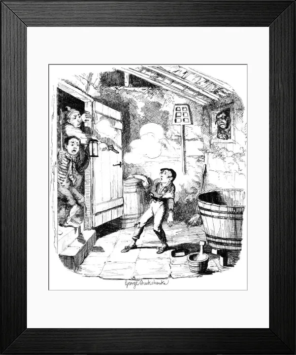Framed Print : A man shoots a young boy who he suspects of stealing, 19th century. Artist: George Cruikshank Framed Print : A man shoots a young boy who he suspects of stealing, 19th century. Artist: George Cruikshank