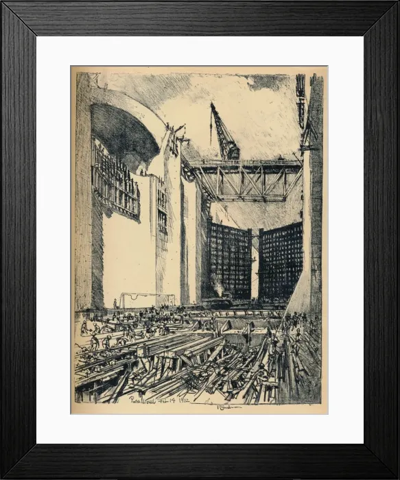 Framed Print : Laying The Floor of Pedro Miguel Lock, 1912. Artist: Joseph Pennell