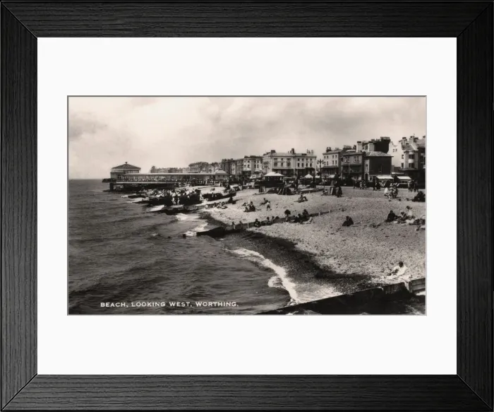 Framed Print : Beach, looking west, Worthing, Sussex, 1935 Framed Print : Beach, looking west, Worthing, Sussex, 1935