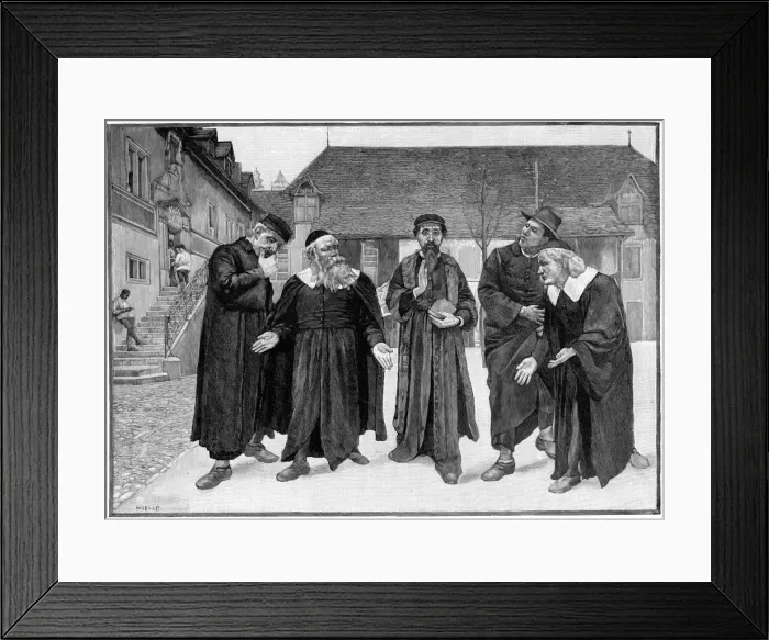 Framed Print : Calvin and the four syndics in the courtyard of the College of Geneva Framed Print : Calvin and the four syndics in the courtyard of the College of Geneva