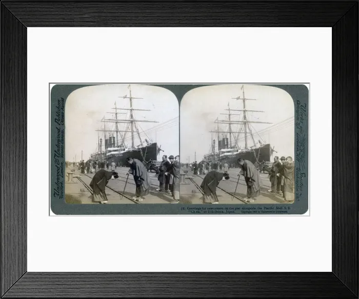 Framed Print : Greeting for newcomers on the pier alongside the Pacific Mail SS China, Yokohama, Japan, 1904. Artist: Underwood & Underwood Framed Print : Greeting for newcomers on the pier alongside the Pacific Mail SS China, Yokohama, Japan, 1904. Artist: Underwood & Underwood