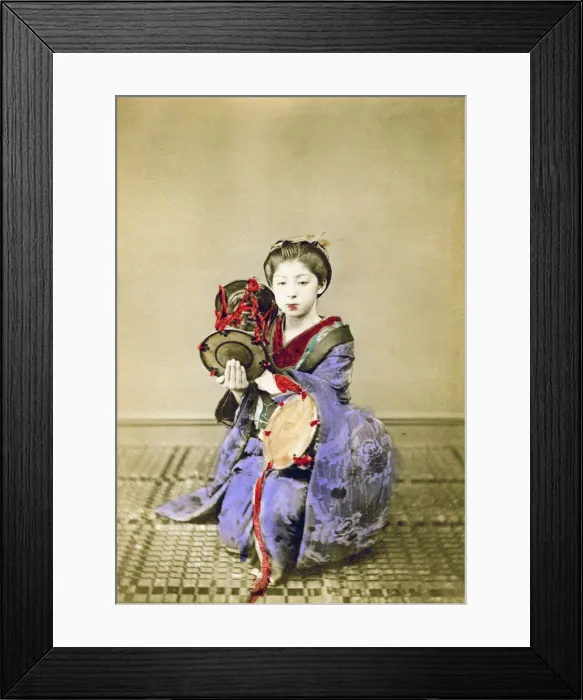 Framed Print : Geisha playing the tsuzumi, Japan, 1882. Artist: Felice Beato Framed Print : Geisha playing the tsuzumi, Japan, 1882. Artist: Felice Beato