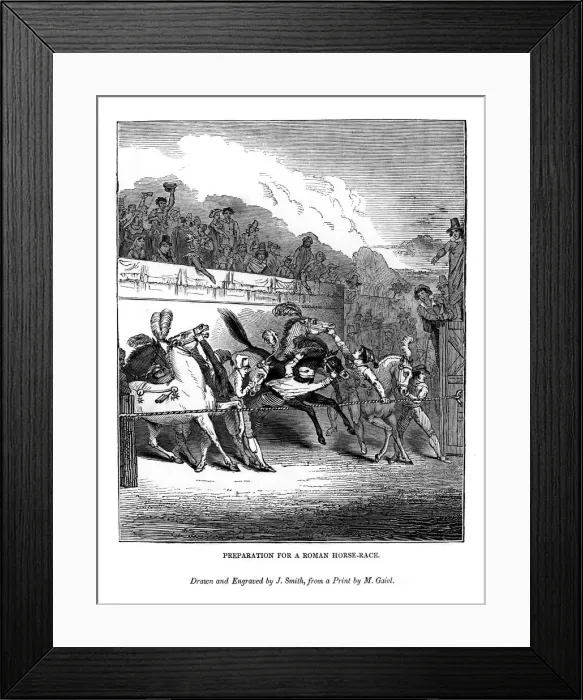 Framed Print : Preparation for a Roman horse race, 1843. Artist: J Jackson Framed Print : Preparation for a Roman horse race, 1843. Artist: J Jackson