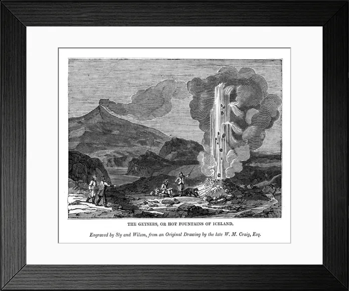 Framed Print : The Geysers, or Hot Fountains of Iceland, 1843. Artist: Sly and Wilson Framed Print : The Geysers, or Hot Fountains of Iceland, 1843. Artist: Sly and Wilson