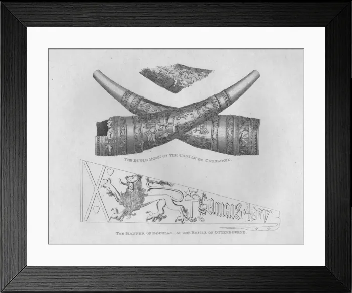 Framed Print : The Bugle Horn of the Castle of Carslogie & The Banner of Douglas at the Battle of Otterbourne, Artist: John Greig Framed Print : The Bugle Horn of the Castle of Carslogie & The Banner of Douglas at the Battle of Otterbourne, Artist: John Greig