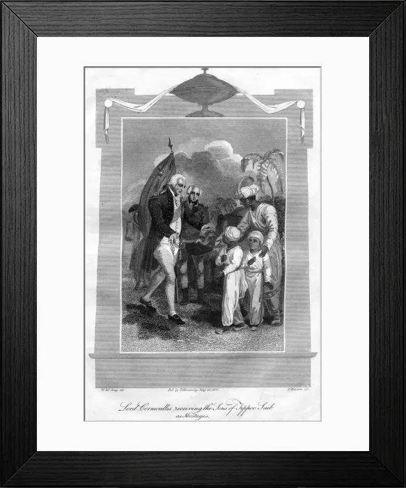 Framed Print : Lord Cornwallis (1738-1805) receiving the sons of Tippoo Saib as hostages, 1816. Artist: I Brown Framed Print : Lord Cornwallis (1738-1805) receiving the sons of Tippoo Saib as hostages, 1816. Artist: I Brown