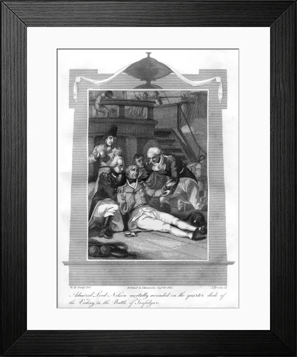 Framed Print : Admiral Nelson lying mortally wounded on the quarter deck of HMS Victory, 1816. Artist: I Brown Framed Print : Admiral Nelson lying mortally wounded on the quarter deck of HMS Victory, 1816. Artist: I Brown