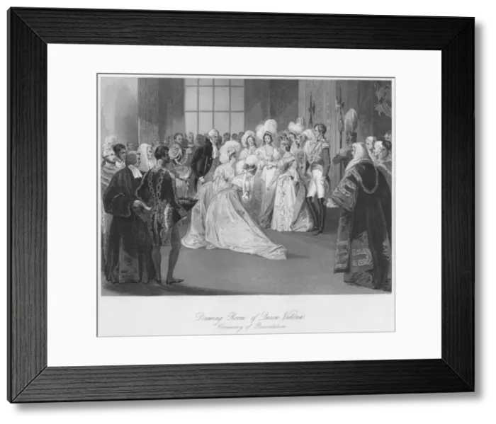 Framed Print : Drawing Room of Queen Victoria. Ceremony of Presentation, c1841. Artist: Henry Melville Framed Print : Drawing Room of Queen Victoria. Ceremony of Presentation, c1841. Artist: Henry Melville