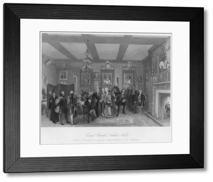 Framed Print : Council Chamber, Vintners Hall. Vintner Sherriff receiving the Congratulations of his Company, c1 Artist: Edward Radclyffe Framed Print : Council Chamber, Vintners Hall. Vintner Sherriff receiving the Congratulations of his Company, c1 Artist: Edward Radclyffe
