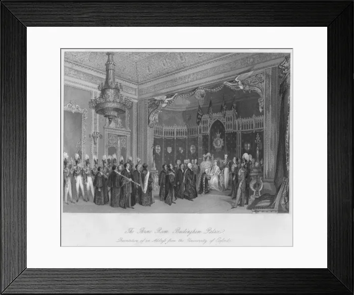 Framed Print : The Throne Room, Buckingham Palace. Presentation of an Address from the University of Oxford, c184 Artist: Henry Melville Framed Print : The Throne Room, Buckingham Palace. Presentation of an Address from the University of Oxford, c184 Artist: Henry Melville