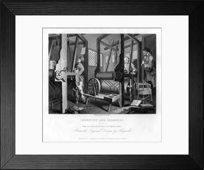 Framed Print : The fellow prentices at their looms, plate I of Industry and Idleness, 1833. Artist: E Smith Framed Print : The fellow prentices at their looms, plate I of Industry and Idleness, 1833. Artist: E Smith