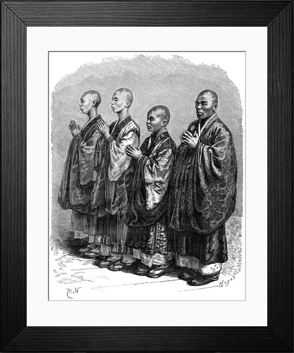 Framed Print : Buddhists in prayer, Japan, 19th century. Artist: A de Neuville Framed Print : Buddhists in prayer, Japan, 19th century. Artist: A de Neuville