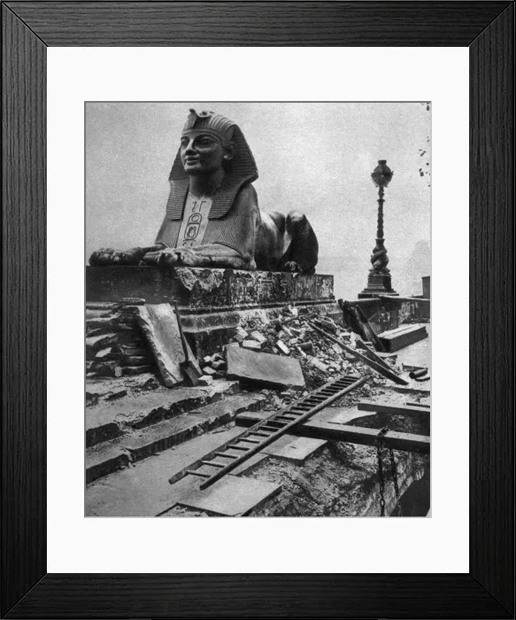 Framed Print : Sphinx damaged by a German bomb dropped on the Embankment, 4th September 1917, (1935) Framed Print : Sphinx damaged by a German bomb dropped on the Embankment, 4th September 1917, (1935)