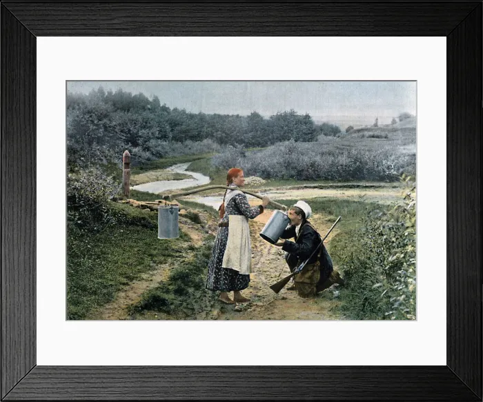Framed Print : A hunter takes a drink from a young woman, Russia, c1890. Artist: Gillot Framed Print : A hunter takes a drink from a young woman, Russia, c1890. Artist: Gillot
