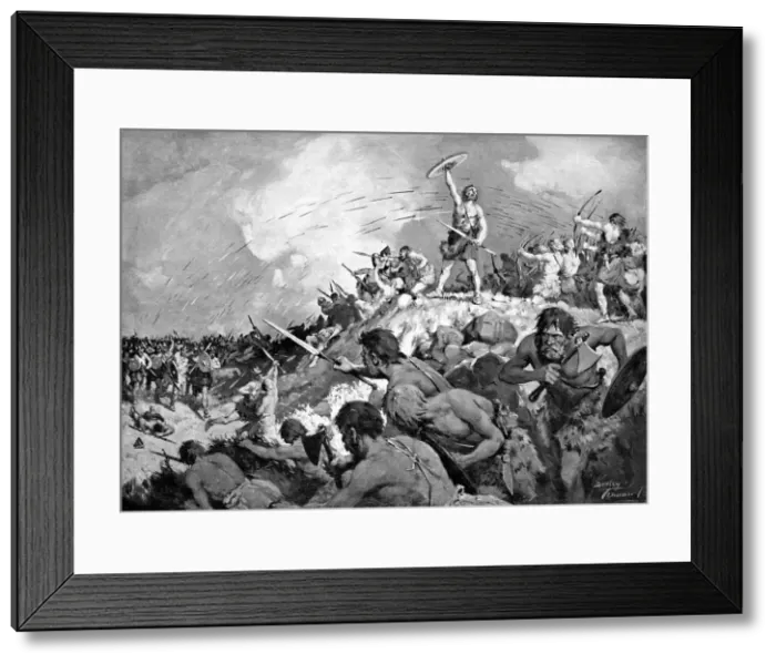 Framed Print : Battle of Mons Badonicus, c500 AD, (c1920). Artist: C Dudley Tennant Framed Print : Battle of Mons Badonicus, c500 AD, (c1920). Artist: C Dudley Tennant