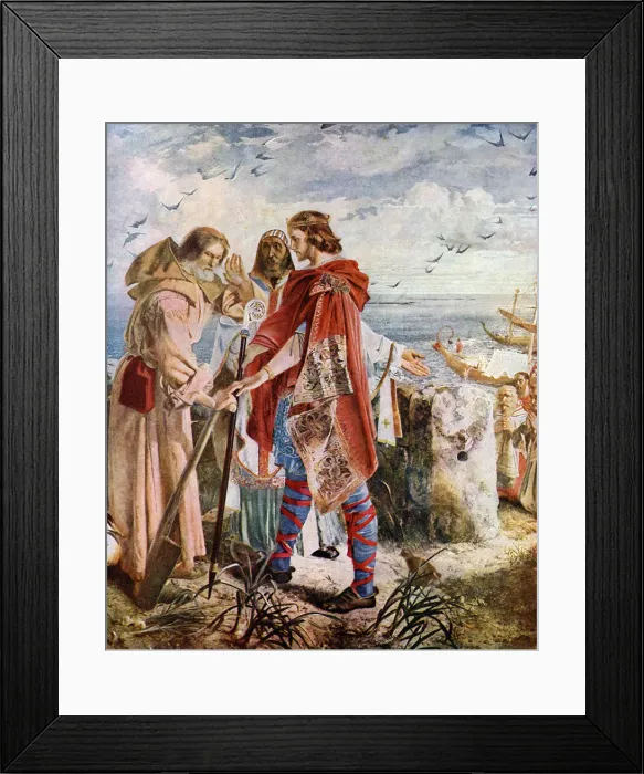 Framed Print : Egfrith offering the Bishopric of Hexham to Cuthbert, 678, (c1920). Artist: William Bell Scott Framed Print : Egfrith offering the Bishopric of Hexham to Cuthbert, 678, (c1920). Artist: William Bell Scott