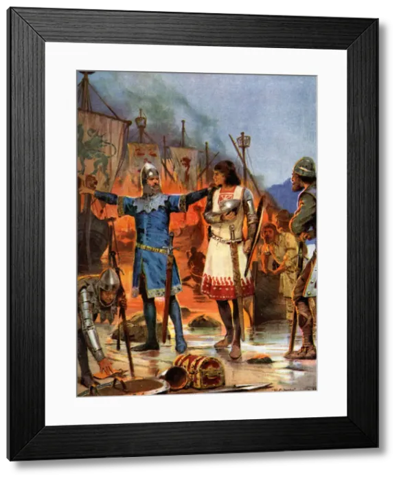 Framed Print : Fitz-Stephen Burns his Boats, 1169 AD, (c1920). Artist: Richard Caton Woodville II Framed Print : Fitz-Stephen Burns his Boats, 1169 AD, (c1920). Artist: Richard Caton Woodville II