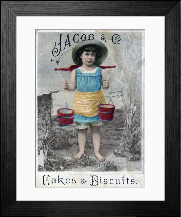 Framed Print : Jacob and Cos. Cakes & Biscuits, c1900s-c1920s. Advertising postcard Framed Print : Jacob and Cos. Cakes & Biscuits, c1900s-c1920s. Advertising postcard