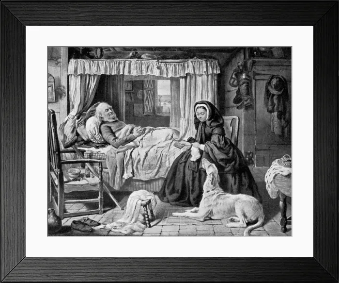 Framed Print : The Queen in a Cottage Bedroom, late 19th century, (c1920) Framed Print : The Queen in a Cottage Bedroom, late 19th century, (c1920)