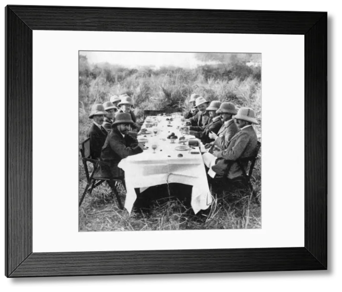Framed Print : King George V (1865-1936) having lunch after tiger hunting in Nepal, 1911 (1936) Framed Print : King George V (1865-1936) having lunch after tiger hunting in Nepal, 1911 (1936)