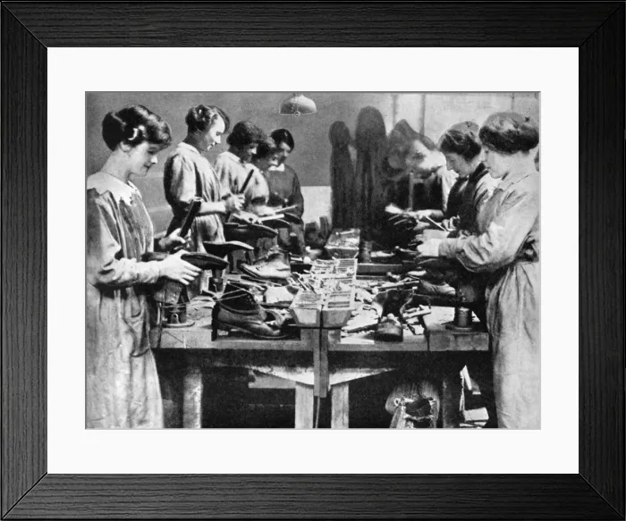 Framed Print : Women cobblers repairing footwear for the war effort, 1914-1918 (1936) Framed Print : Women cobblers repairing footwear for the war effort, 1914-1918 (1936)