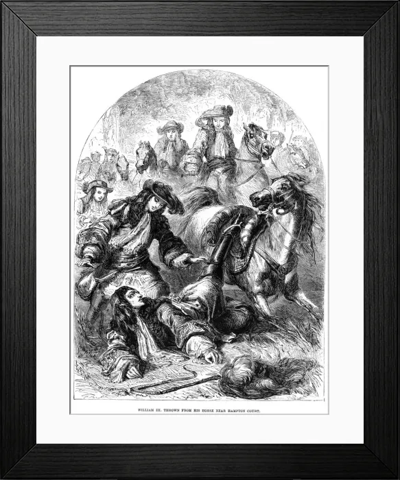 Framed Print : William III thrown from his horse near Hampton Court. Artist: C Sheeres Framed Print : William III thrown from his horse near Hampton Court. Artist: C Sheeres