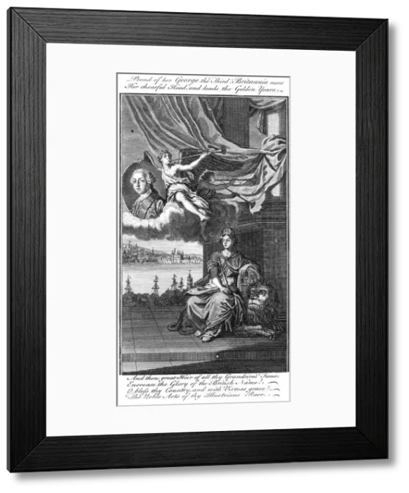 Framed Print : Proud of her George III; Britannia rears her chearful head, and leads the golden years Framed Print : Proud of her George III; Britannia rears her chearful head, and leads the golden years