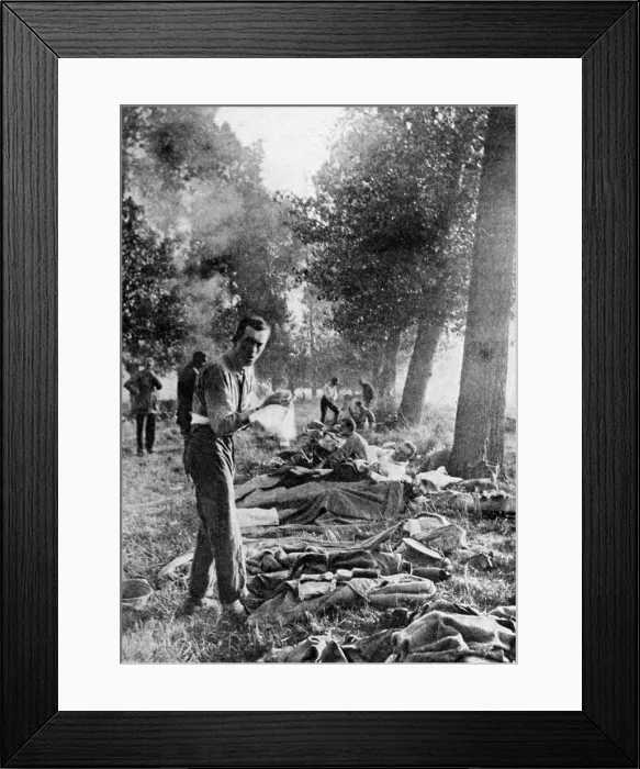 Framed Print : 11th Hussars bivouacked at Champs after the retreat from Mons, September 1914 (1935) Framed Print : 11th Hussars bivouacked at Champs after the retreat from Mons, September 1914 (1935)