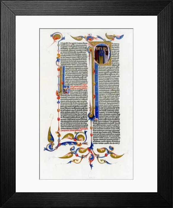 Framed Print : Page of text with illuminated initial letter, 14th century Framed Print : Page of text with illuminated initial letter, 14th century