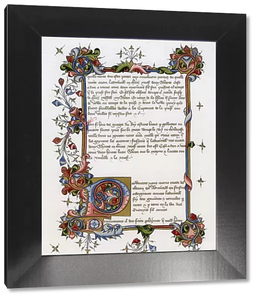 Text page with illuminated initial letter, early 15th century