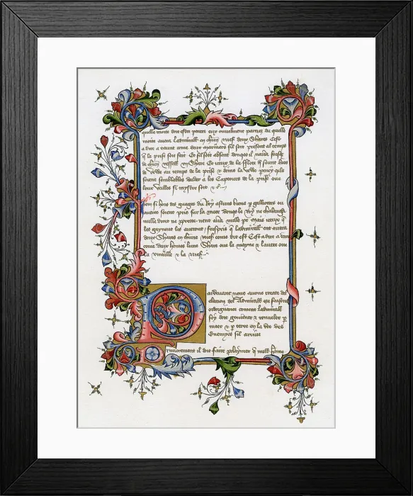 Framed Print : Text page with illuminated initial letter, early 15th century Framed Print : Text page with illuminated initial letter, early 15th century