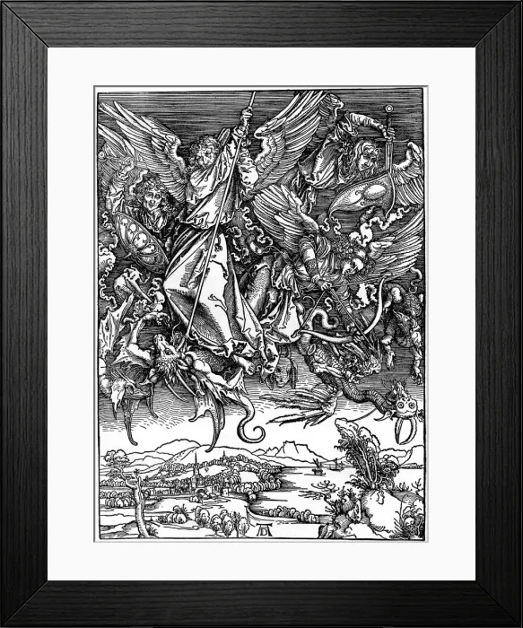 Framed Print : St Michael Battling with the Dragon, 1498, (1936). Artist: Albrecht Durer Framed Print : St Michael Battling with the Dragon, 1498, (1936). Artist: Albrecht Durer