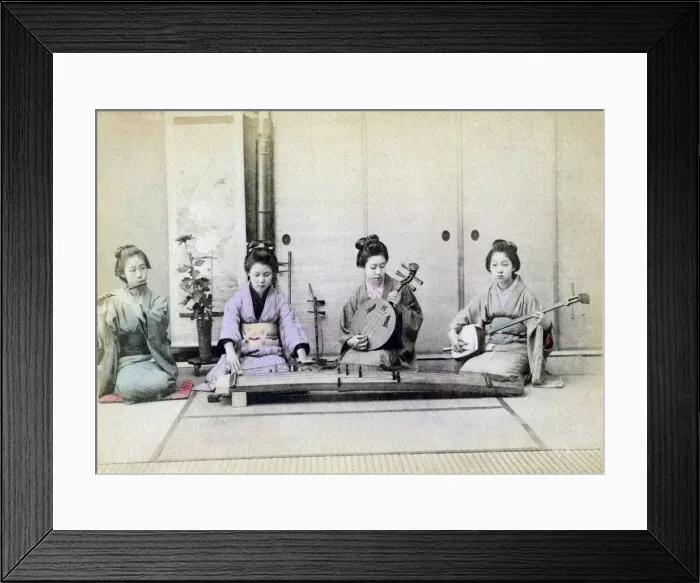 Framed Print : Geisha playing traditional musical instruments, Japan, 1880 Framed Print : Geisha playing traditional musical instruments, Japan, 1880