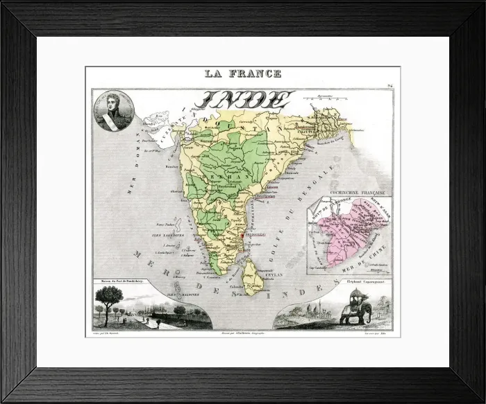 Framed Print : Map of French-occupied India, late 19th century. Artist: Edmond Dyonnet Framed Print : Map of French-occupied India, late 19th century. Artist: Edmond Dyonnet