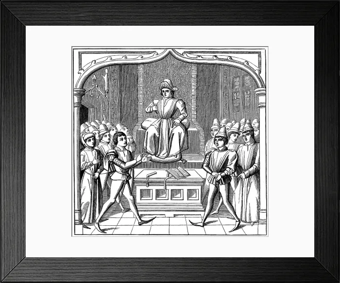 Framed Print : The Judicial Duel, the plaintiff opening his case before the judge, 15th century (1849) Framed Print : The Judicial Duel, the plaintiff opening his case before the judge, 15th century (1849)
